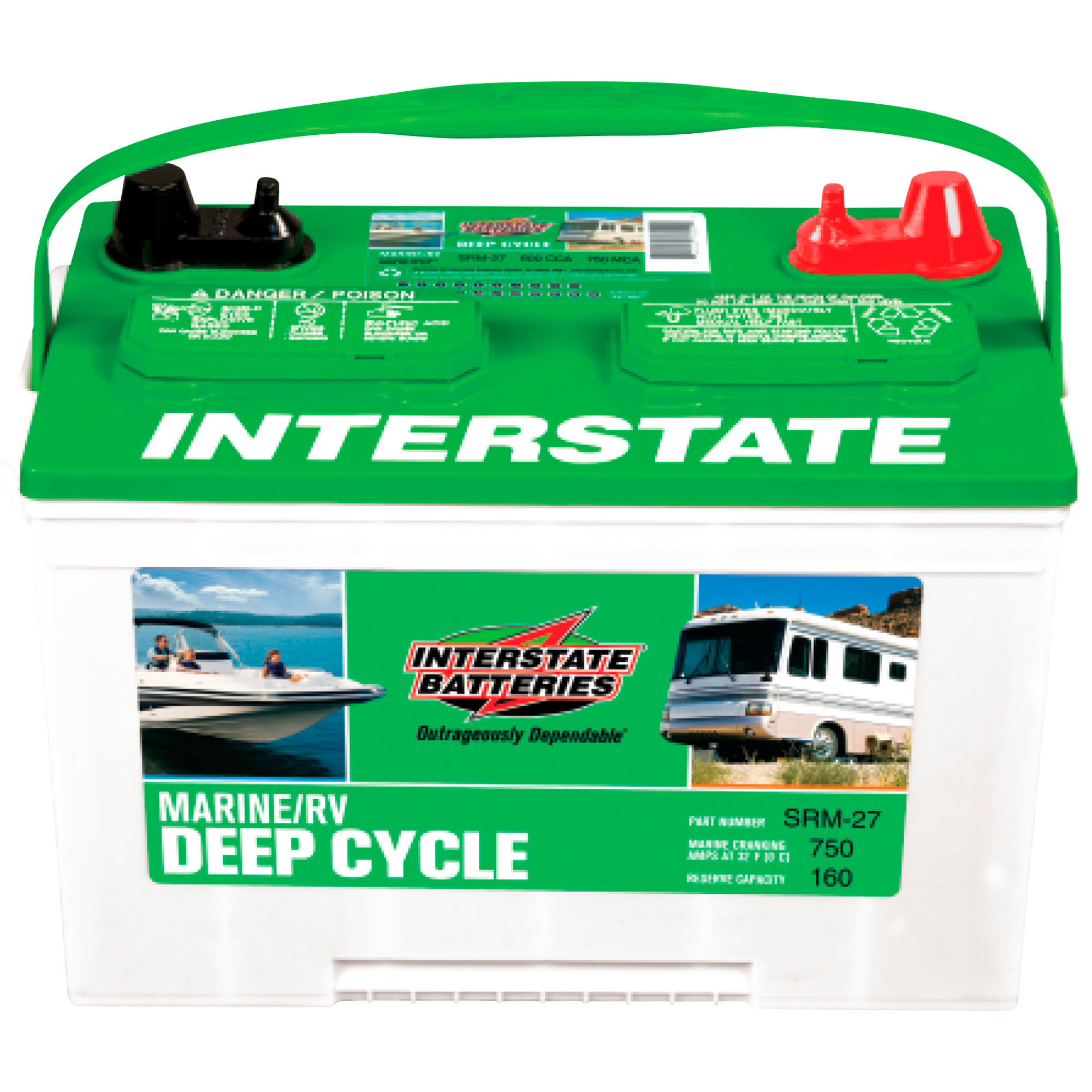 Interstate Deep Cycle Marine/RV Battery, Group Size 27, 12 Volt, 600 CCA, Sealed Lead Acid, Model# HD27MDC-1